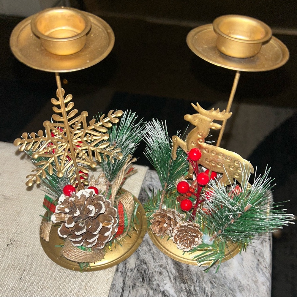 Festive Gold Holiday Candle Holders 6 inches tall set of 2 with Christmas basket